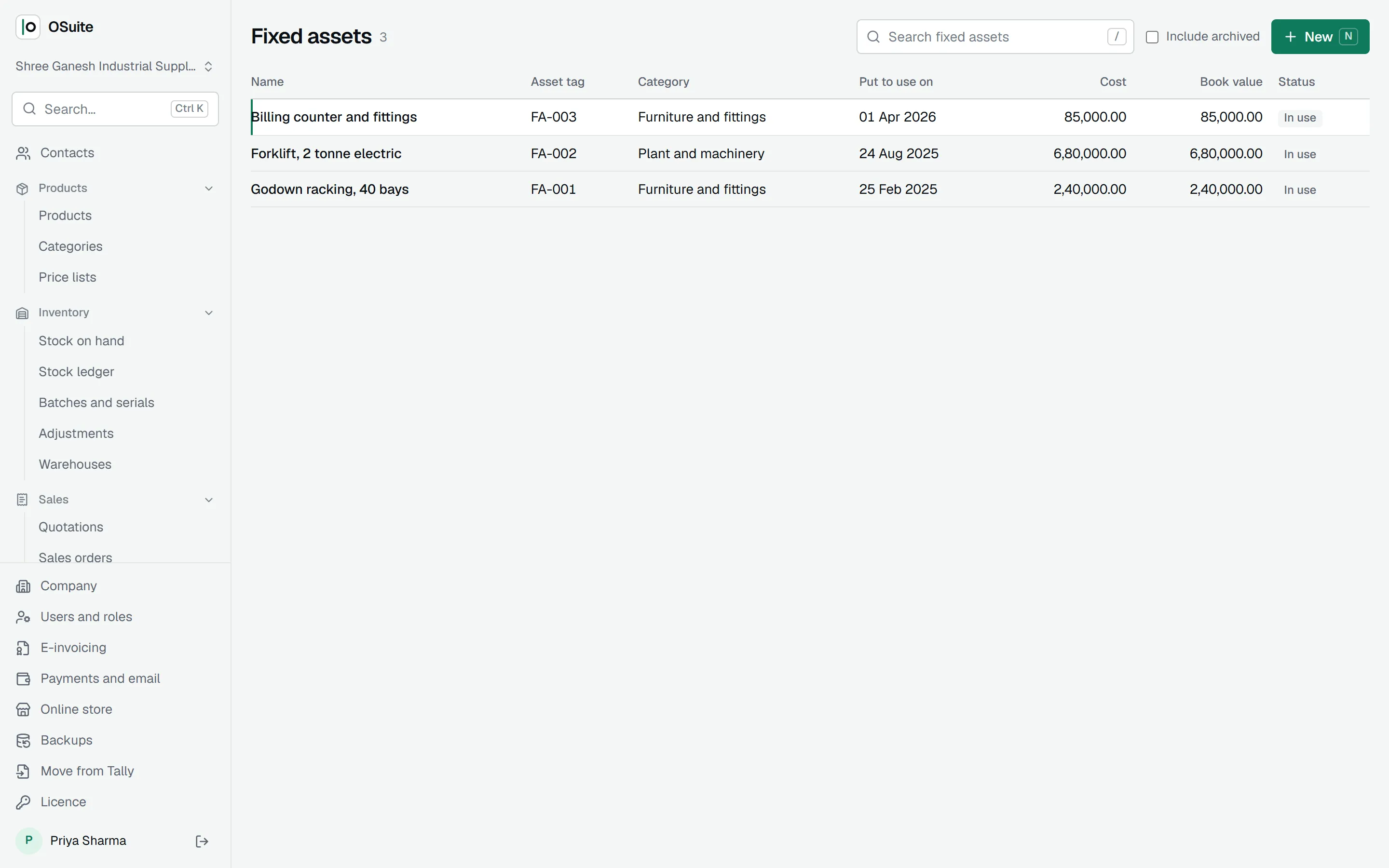 Fixed assets with cost and book value