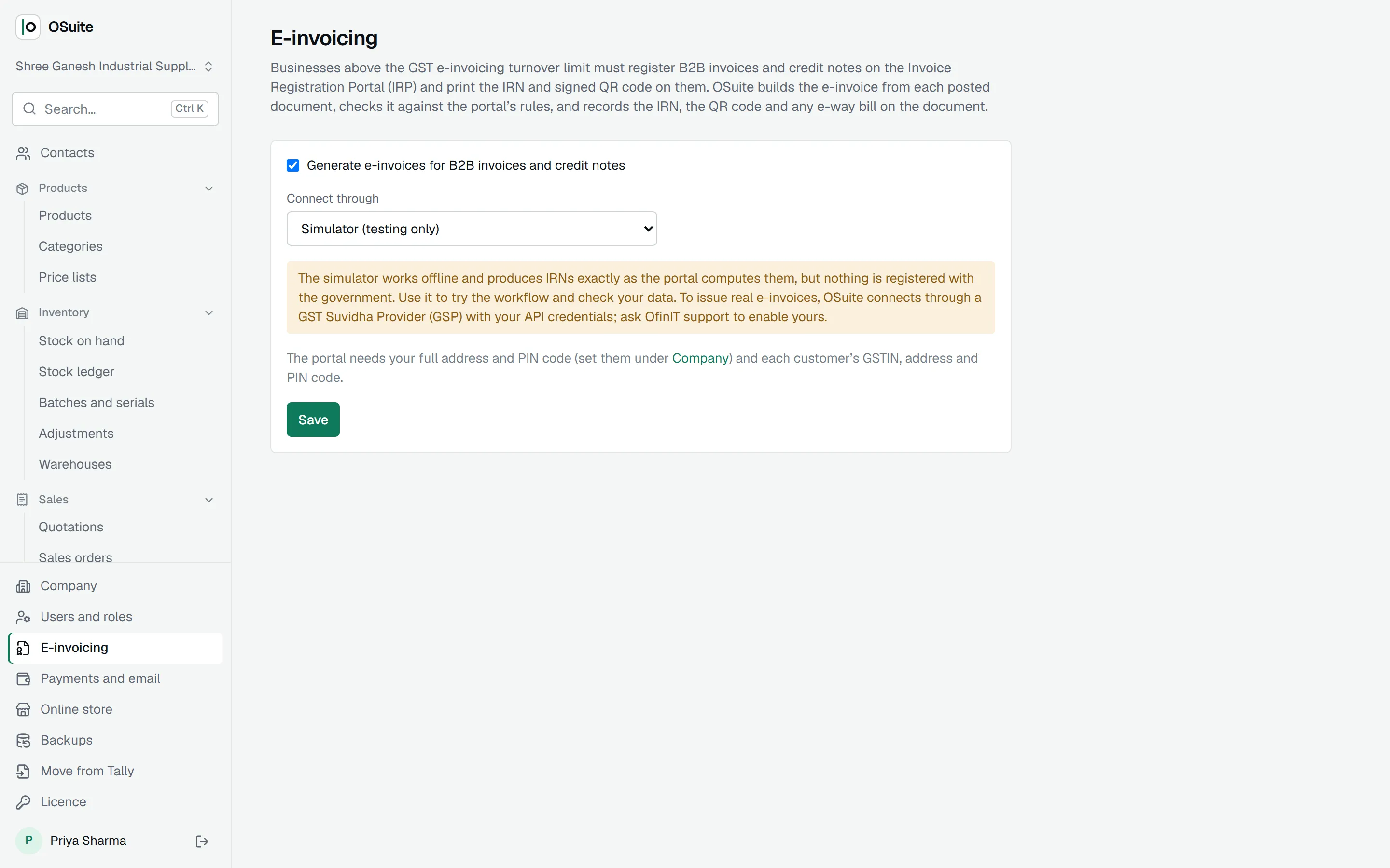 E-invoicing settings with the provider choice