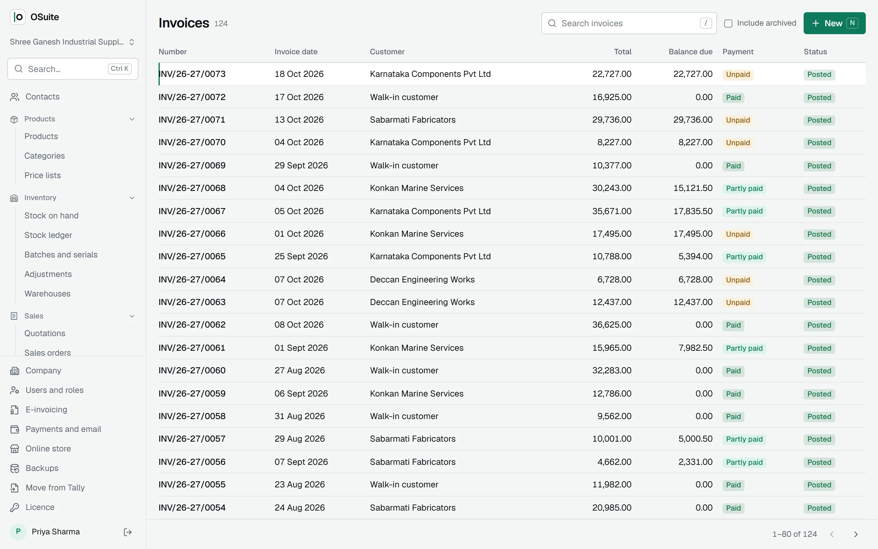 The list of invoices with what is due