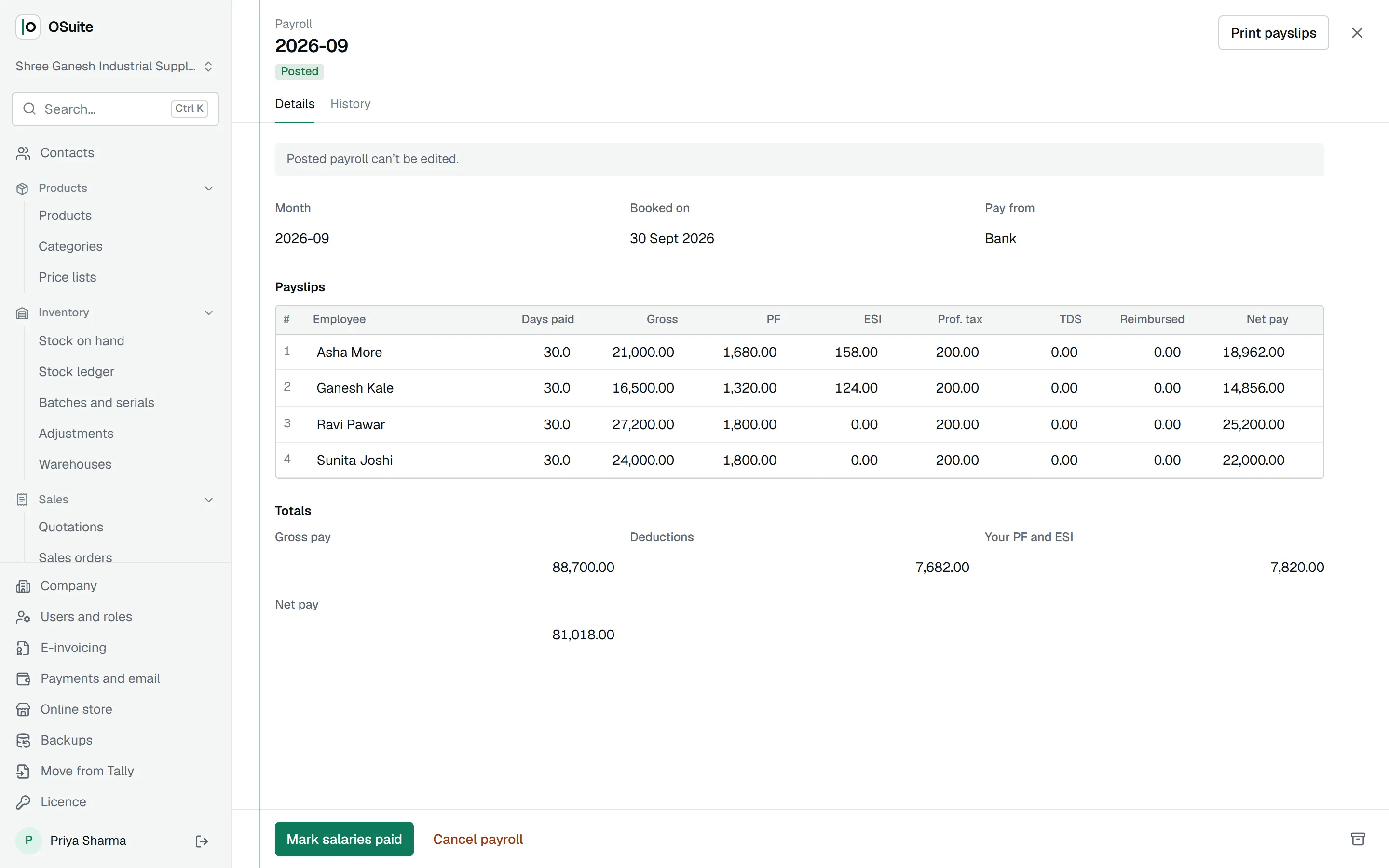 A month’s payroll with deductions and net pay