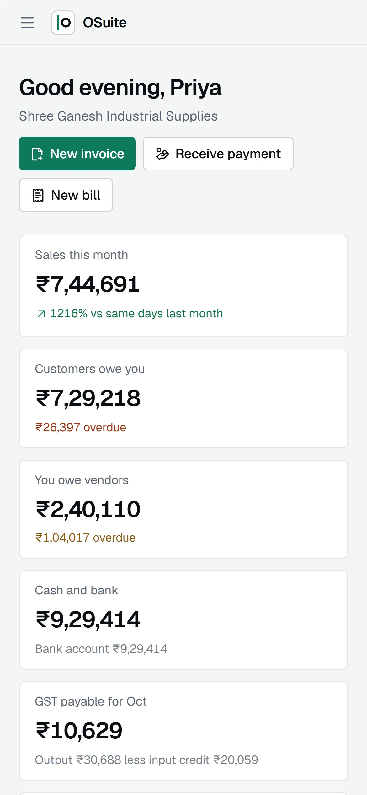 OSuite on a phone: the dashboard