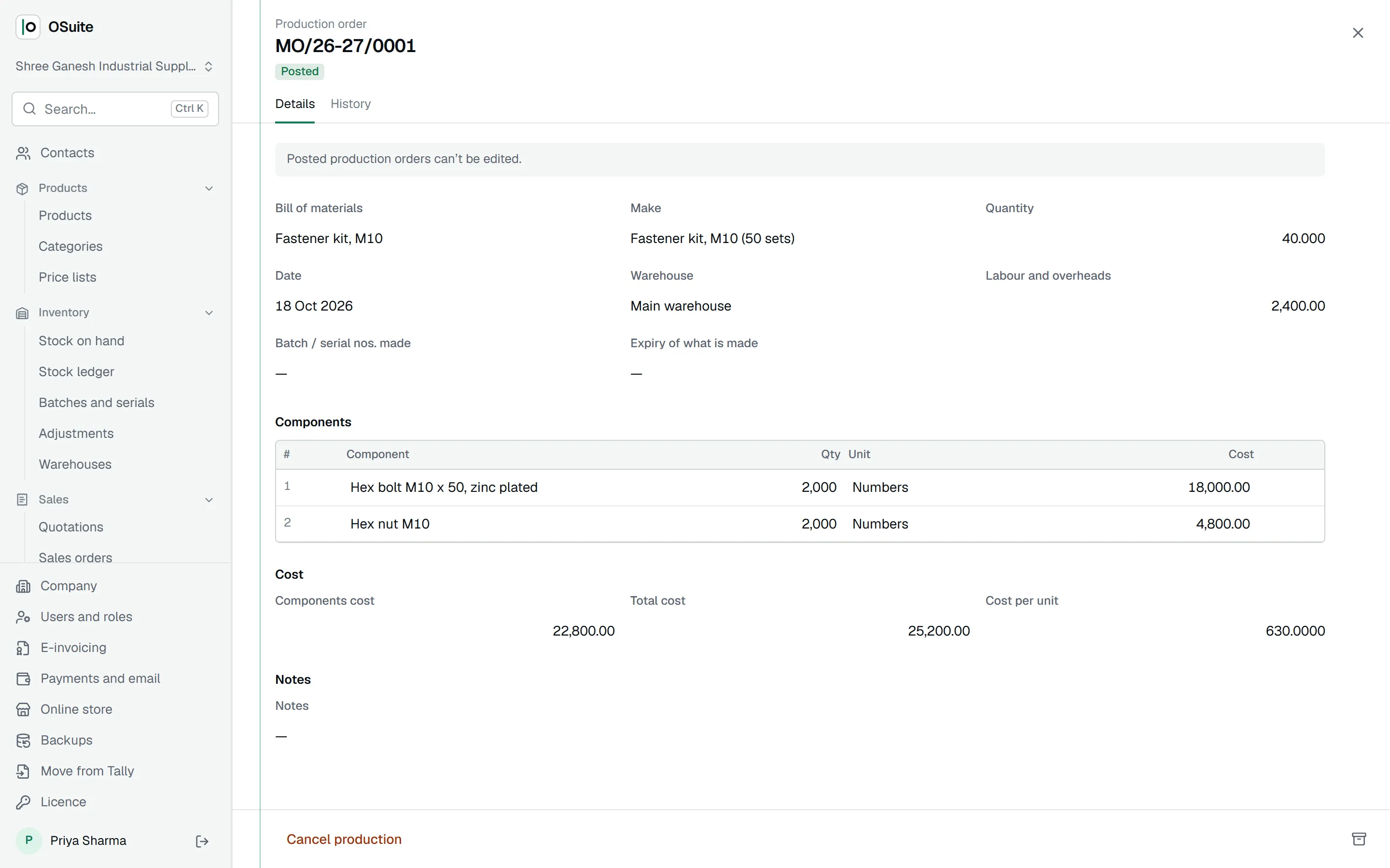 A production order with components used