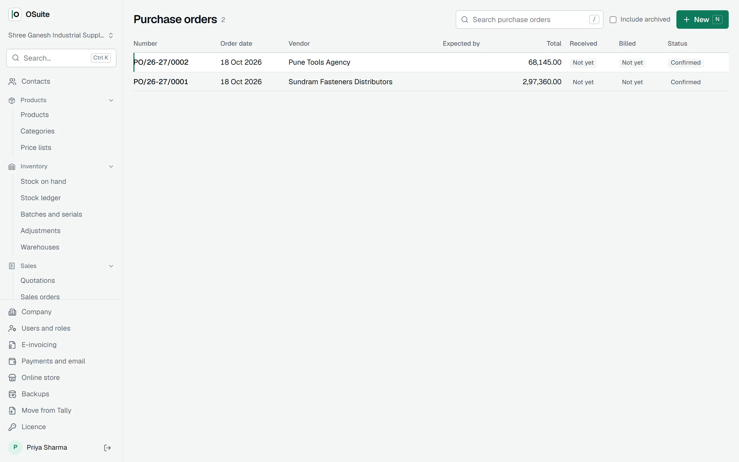 Purchase orders to vendors