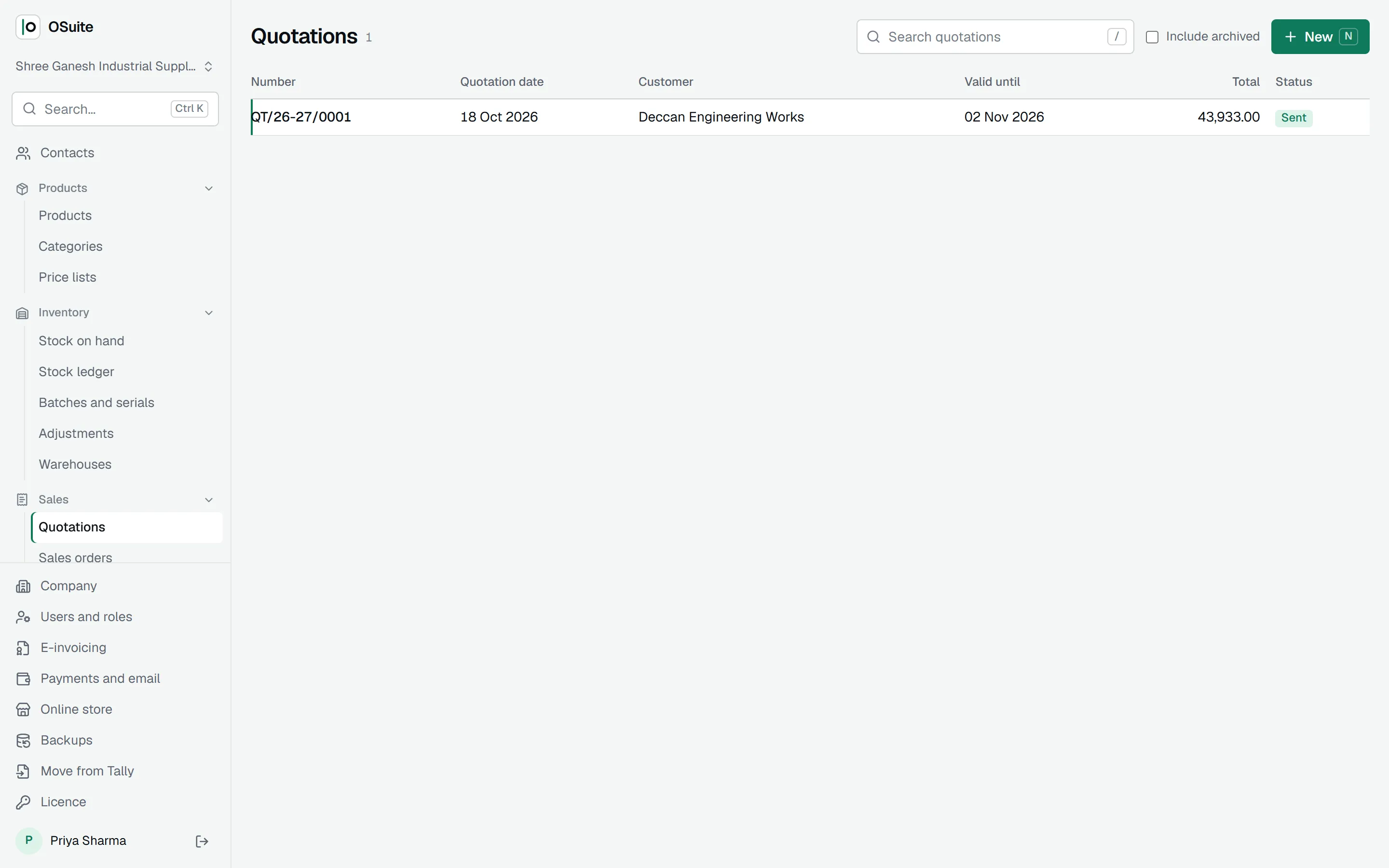 The list of quotations with their status: sent, accepted, invoiced