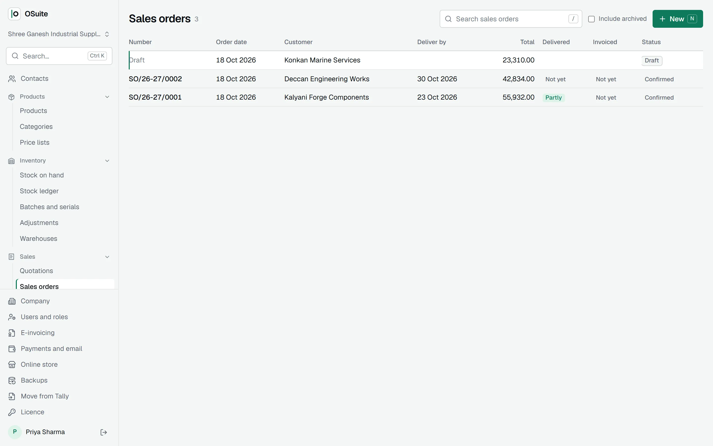 Sales orders with how much is delivered and invoiced